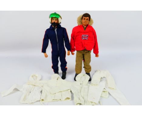 Action Man - Palitoy - Two loose vintage flock haired Action Man figures with gripping hands, plus a quantity of uniform part
