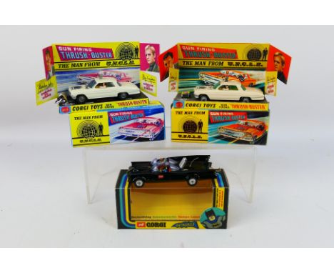 Corgi Toys - Three boxed repainted TV themed Corgi Toys. Lot includes Corgi #267 Batmobile; #497 The Man From Uncle Thrush Bu
