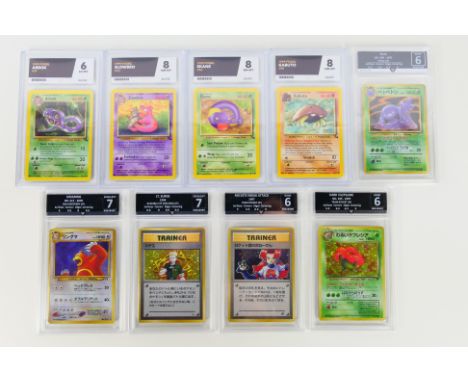 Pokemon - Nine cards to include: 4 x Fossil cards, Arbok 31/62 - 1999 graded 6 overall Excellent to Mint, Slowbro 43/64 - 199