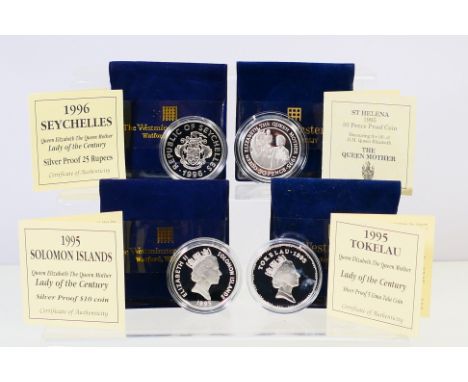 Four silver proof coins commemorating The Queen Mother to include Seychelles 1996 25 Rupees, Solomon Islands 1995 $10, St Hel