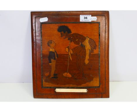 A World War One (WW1 / WWI) prisoner of war marquetry panel with bone plaque, marked verso Knockaloe Camp, Made By P.o.W 4867