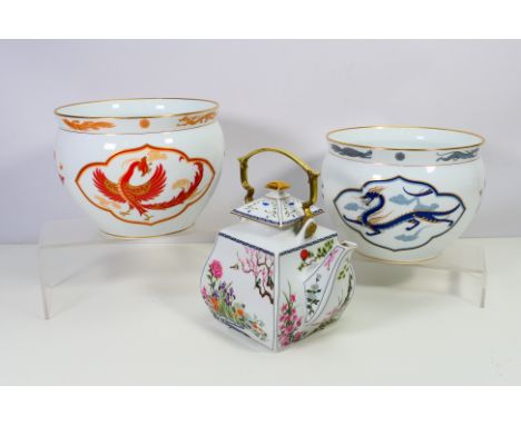 Two Franklin Mint Okura jardinieres, 16 cm (h) and a similar teapot. [W]