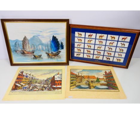 A framed Oriental oil on canvas depicting boats in a bay, a framed collection of John Player & Sons cigarette cards (reproduc