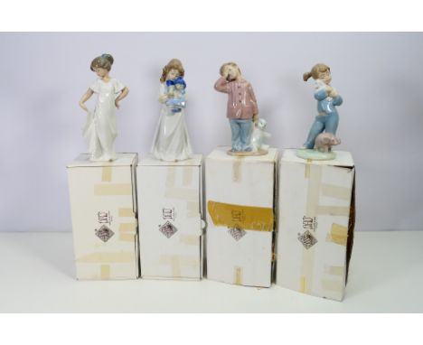 Nao by Lladro - four figurines comprising model numbers 01107 approx 21 cm, 01110 approx 22 cm, 01129 approx 19 cm, and 01139