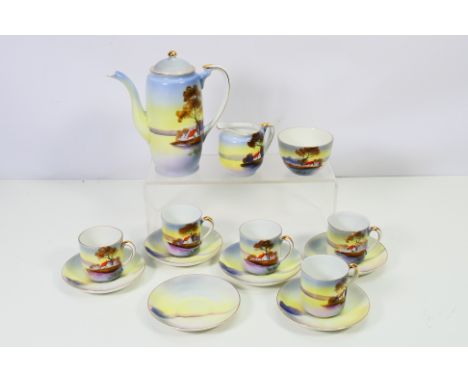 A Noritake coffee service with landscape decoration. [W]