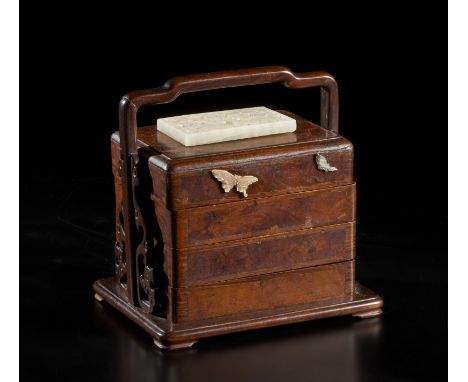A fine four trays huang-huali casket with white pierced jade plaqueChina, Qing, 19th century Cm 17,00 x 16,00