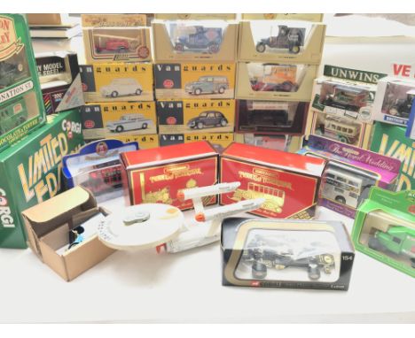 A Box Containing a collection of Vanguards, models of Yesteryear. a Vintage Corgi starship Enterprise. A Corgi lotus #154 and