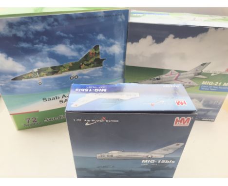 3 diecast model aircraft including a Hobbymaster Mig-15bis. A Hobbymaster Mig-21 and a 72 Aviation Saab AJ37 Viggen all boxed