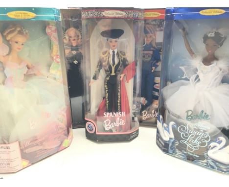 5 X  Boxed Barbies including Stepping out Barbie. nut Cracker Barbie. Nas Car Barbie.Swan Lake Barbie and Spanish Barbie. (5)