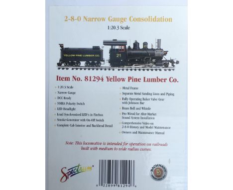 A Bachmann Spectrum 2-8-0 Narrow Gauge Consolidation 1/20.3 scale #81294 Yellow Pine Lumber co.