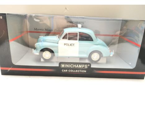 A MiniChamps boxed Morris Minor Police. 1/18 Scale.