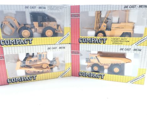 4 X  Spanish Joal Compact Caterpillar Die Cast Vehicles. Including A Fork lift. Dumper Truck and 2 Tractors. Boxed.