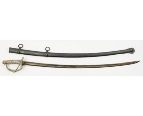 A late 19th Century American infantry officer's sword:, the curved blade over three bar guard wire bond grip in a steel scabb