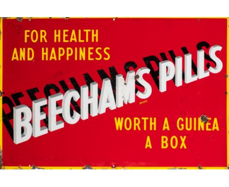 An enamel advertising sign for 'Beechams Pills':, white and yellow text on a red ground with yellow border, 51 x 76.5cm