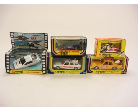 Corgi No 339 Rover 3500 Police Car: No 269 James Bond Lotus Esprit, No 327 Chevrolet Caprice Taxi, No 401 Volkswagen 1300 Mot