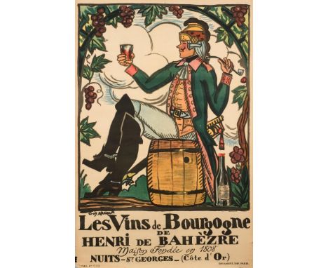 Guy Arnoux, An ealry 20 century lithograph advertising poster 'Les Vins de Bourgogne':, with image of a man on a wine barrel 