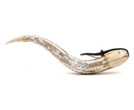 A 19th century Mughal ivory and mother of pearl barut-dan or powder flask in the form of a fish:, the recurved body decorated