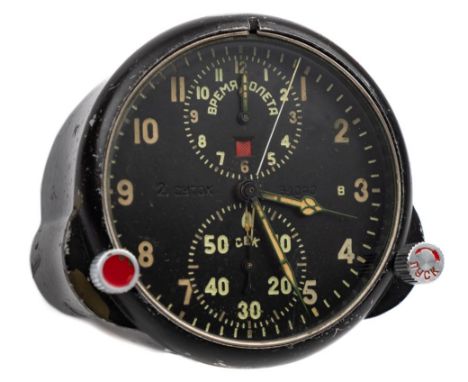 A Russian Soviet Era MIG 29 chronograph air clock:, number 61090, signed in cyrillic, with black dial and  luminous Arabic nu