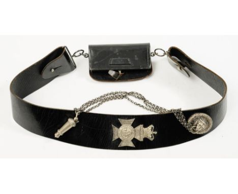 A Kings Royal Rifle Corps black leather cross belt:,  with silver plate mounted ammunition pouch , whistle and chain.