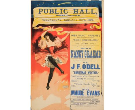 A late Victorian lithograph theatre poster for ' Miss Nancy Graemes, Public Hall Wealdstone, Wednesday, January 23rd, 1895':,