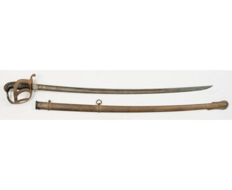 A  Prussian 1860 pattern Cavalry sword:, the single edged fullered blade over three bar guard and ribbed handle in a steel sc