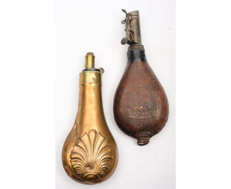 A copper powder flask, unsigned, and a leather shot flask: (2)