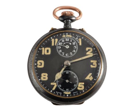 A WWI  period Zenith gun metal keyless alarm pocket watch:, the black dial with luminous Arabic numerals and hands, subsidiar