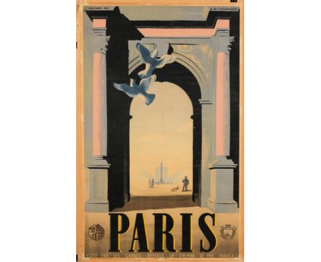 A mid 20th century French travel poster after A M Cassndre 'Paris':, lithograph, printed by Draeger, 98.5 x 62cm, (aged with 