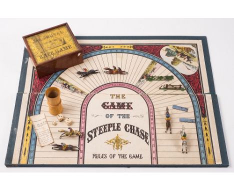 'The Royal Race Game':, comprising six diecast steeplechase horses with riders, fences and obstacles in a wooden box with yel