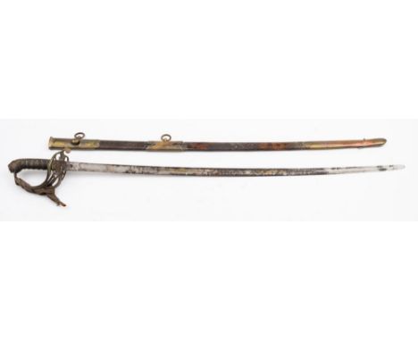 A Victorian Infantry Officer's sword by H Hart, London:, the blade with acid etched decoration over a folding gilt brass hilt