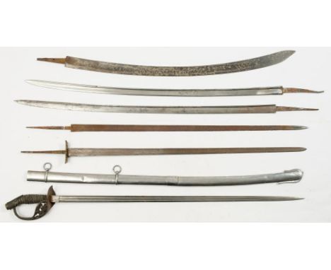 A group of various sword blades of various lengths together with a Prussian infantry sword in associated steel scabbard.:
