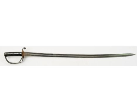 A British Army 1853 pattern Cavalry sword: with open hilt and double bar guard with two piece grip, blade length 90cm.
