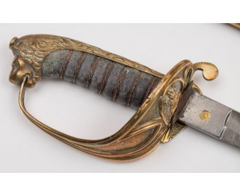 A Victorian Royal Navy regulation pattern dress sword by Mole & Son, Birmingham:, the slightly curved fullered blade with aci