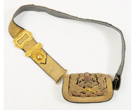 A Victorian Officer's full dress embroidered ammunition pouch and belt for the Royal Artillery:, the pouch with gilt metal fi