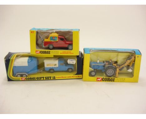 Corgi No 72 Ford 5000 Super Major Tractor with Trenching Bucket:, Corgi Gift Set 15 Landrover with Horse Box and Corgi No 477