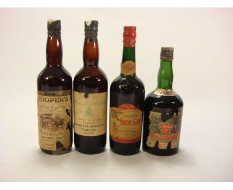 A Bottle of Cossart, Gordon & Co Madeira:, a bottle of Pedlar Sloe Gin, a bottle of Creme De Cacao and a bottle of Hooper's 2