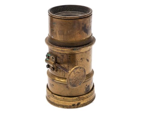 A brass daguerreotype portrait lens by F J Cox, London, circa 1858:, Petzval-type 40mm for use with Waterhouse stops, rack an