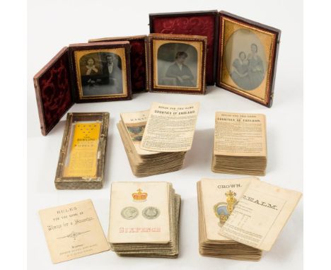 Three leather cased ambrotype portraits:, together with 'The Bowling Green Puzzle ' and  four various late 19th century card 