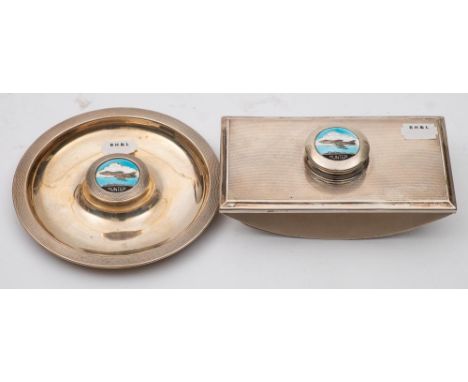 Of Hawker Hunter interest: a silver circular dish and desk blotter with engine turned decoration and a circular embossed and 