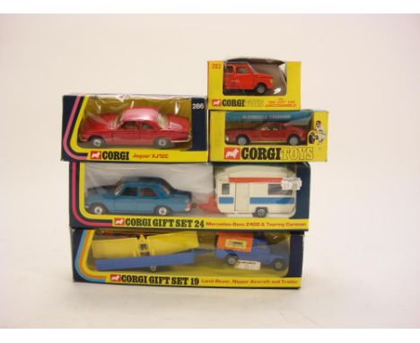 Corgi No 286 Jaguar XJ12C: No 283 OSI Daf City Car, No 276 Oldsmobile Tornado,  Corgi Gift Set 24 Mercedes-Benz 240D & Tourin