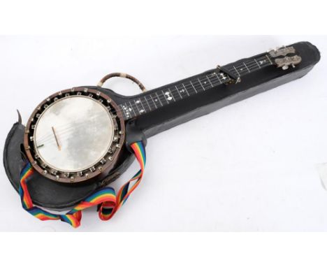 'The Windsor' rosewood and inlaid five string banjo:, with mother of pearl inlaid fretboard, in a hard case, together with an