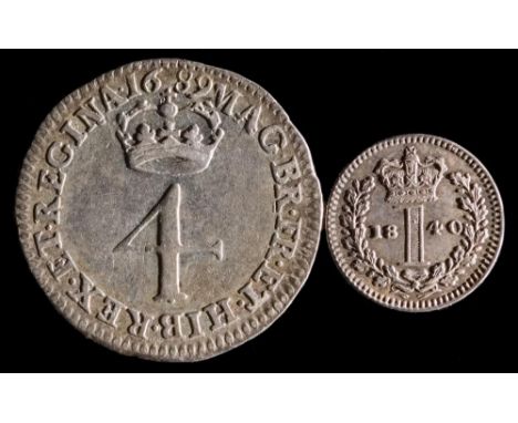 A 1689 Maundy 4d and an 1840 Maundy penny: in old manuscript packets (2).