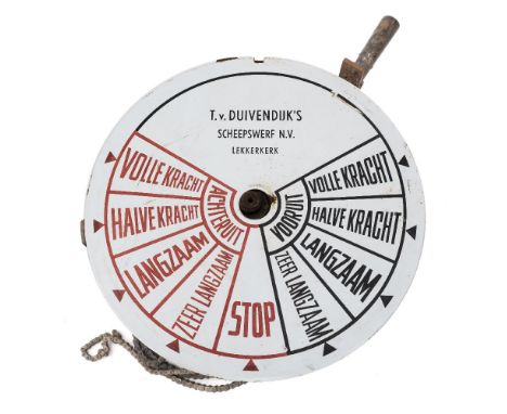 A Dutch bulkhead ship's telegraph by T Duivendijk's Scheepswerf (Tholen):, the white enamel dial signed as per title with red