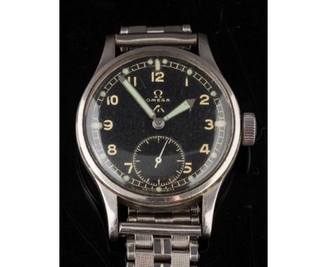 A WWII period military issue Omega wristwatch:, the stainless steel case with black dial, Arabic numerals with luminous hands