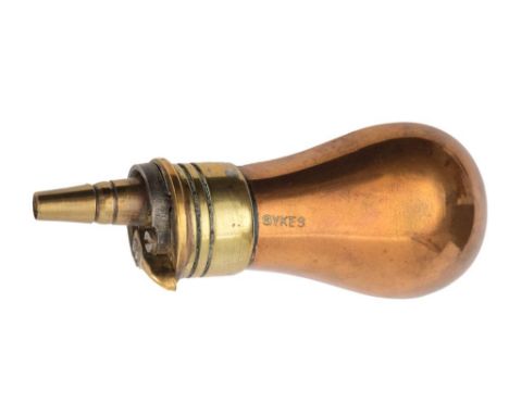 A copper and brass pistol powder flask by Sykes:, 8cm long.