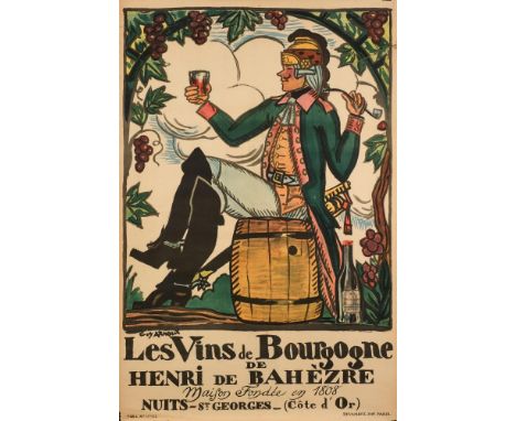 Guy Arnoux, An early 20 century lithograph advertising poster 'Les Vins de Bourgogne':, with image of a man on a wine barrel 