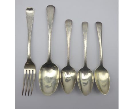 Matched Old English pattern silver cutlery comprising of pair George III dessert spoons London 1810, another William IV Londo