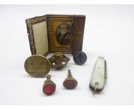 Victorian brass swivel seal fob with six mottos, other 19th century seals, 19th century miniature portrait of a officer in le