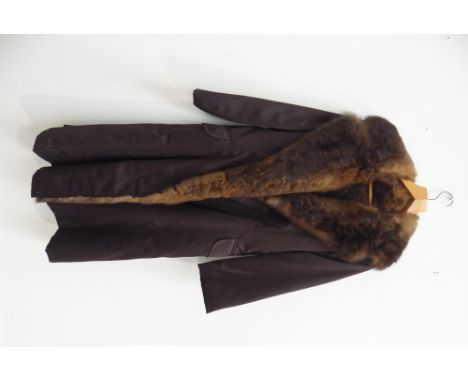 Vintage full length fur lined brown coat with waist belt 