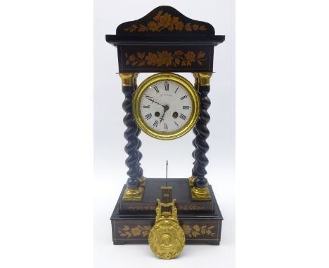 Late 19th century French ebonised portico clock, four barley twist supports, circular enamel Arabic dial signed 'Vor Aubert',